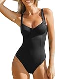 CUPSHE Damen Badeanzug Push Up Bauchweg Korsettdetail Bügel BH Breite Träger Einteilige Bademode Swimsuit Schwarz L