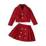 Generisch Mädchen 2-teiliges Set aus Kurz-Blazer und Faltenrock - Elegantes Kostüm mit Feder- und Perlen-Details | Schickes Outfit für festliche Anlässe