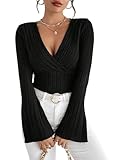 GORGLITTER Strick Oberteil Damen Langarmshirt Mit V Ausschnitt Wickelshirt Rippenstrick Top Schwarz M