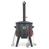 Utschak Feuerofen Ø 49 cm mit Thermometer & Gusseisen Topf 22 L, Ø 52,7 cm | Kazan-Set mit Deckel | Учаг Outdoor Feuerschale & Gulaschkanone | Usbekischer Kochtopf aus Gusseisen, Gartenküche