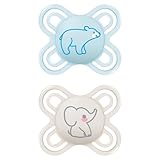 MAM Perfect Start Schnuller im 2er-Set, speziell für Neugeborene, zahnfreundlicher Baby Schnuller aus nachhaltigen & bio-erneuerbaren Materialien, mit Schnullerbox, 0-2 Monate, Bär/Elefant