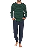 Sykooria Herren Schlafanzug lang mit Bündchen aus Baumwolle Zweiteiliger Pyjama Herren lang, Langarm Shirt & Schlafanzughose, Grün L