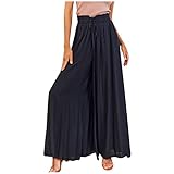 Azruma Hose Damen Elegant Chiffon Kordelzug High Waist Plissee Weites Bein Lang Hose mit Taschen Palazzo Einfarbig Culottes-Hose Strandhose Lose Lässige Freizeithose Schlupfhose Pumphose