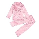 Mädchen Satin-Schlafanzug-Set Einfarbig Lange Seide Pyjama Set mit Knopfleiste und Revers Weiche Pyjamas Langarm Schlafanzugoberteile Hosen Hausanzug Pyjamas 2-teiliges Nachtwäsche Set 2-14 Jahre