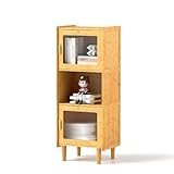 GOPLUS Bücherregal aus Bambus, Bücherschrank mit Acryl-Türen & offenem Fach, Standregal mit Stauraum, Beistellschrank Büroregal Aufbewahrungsregal Büroregal für Wohnzimmer Küche, 49,5 x 40 x 130 cm