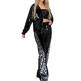 Gediffwer Damen Leopardenmuster Zweiteiliges Set Revers Lose Jacke und Hohe Taille Kordelzug Hose Samt Jogging Workout Outfits, Schwarz , XL