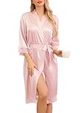 Sopesil Damen Satin Bademantel Unisex Morgenmantel Seide Leicht Kimono Bride V-Ausschnitt Morgenmantel für Spa Haus und Hotel, Rosa, L
