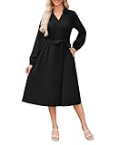 GRACE KARIN Damen Midikleid Lange Ärmel Blusenkleid Mit Taschen Freizeitkleid Mit V-Ausschnitt Schwarz M