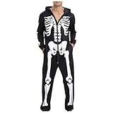 Halloween Skelett Kostüm Herren Skelett Catsuit Halloween Bodysuits Loose Fit Langarm Overall mit Kapuze dünn Leicht Atmungsaktiv Jumpsuit mit Taschen Langarm Cosplay Karneval Streetwear