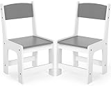 MAMIZO Kinderstuhl Holz 2er Set,ab 1 Jahr, Sitzhöhe 27 cm,Kinderstühle bis 80kg,55x30x28cm für Kinderzimmer,Sitzgruppe Kindertisch,mit Rückenlehne & Fußstütze,in Weiß und Grau