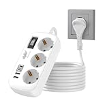 Verlängerungskabel Flachstecker, 3 Fach Steckdosenleiste mit 4 USB(2 USB C), 2M Kabel Steckdosenleiste mit Überspannungsschutz， Mehrfachsteckdose Flacher Stecker für Hause Büro Reisen, Weiß