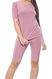 HINA FASHION Damen-Trainingsanzug-Set, kurzärmelig, Rundhalsausschnitt, einfarbiges T-Shirt und Radhose, 2-teiliges Sportanzug-Set, rose pink, 8-10