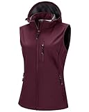 33,000ft Damen Softshell Westen mit Abnehmbare Kapuze Fleece Gefütterte Ärmellose Jacke Wasserdichte Winddichte Sportwesten Vest mit 5 Taschen für Reiten Laufen Wandern Wine Rot 4XL