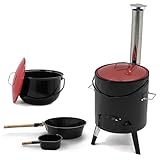 Muntel Gulaschkanone 14 Liter Gulaschkessel, Mit Zubehör Suppenkelle, mit Grillrost, Zwei Töpfe, Griffe aus Holz, Kaminrohr, 92 x 35 x 45 cm, Schwarz