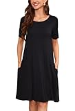 Sommerkleid Damen Knielang Casual T-Shirt Midikleid Kurzarm Loose Swing Freizeitkleid Jersey Dress Schwarz L