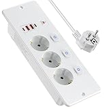 Einbausteckdose mit USB, Tischsteckdose mit Unabhängiger Schalter, Versenkbare Steckdosen mit 1.8M Kable, Mehrfachsteckdose 3 Fach mit Überspannungsschutz, 3250W, für Küche, Büro, Weiß