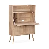 sweeek - Schreibschrank/Sekretär, 2 Türen aus Rohrgeflecht, Regale, Holzeffekt, Beine aus Tannenholz - Bohème