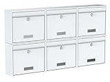 BASI Briefkasten 6er Set | Wandbriefkasten aus Stahl | Farbe Weiß | mit Namensschild | Zylinderschloss mit 2 Schlüssel | inkl. Befestigungsmaterial | Briefkastenanlage | 6 Stück