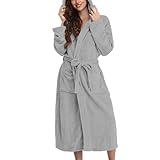 Damen-Bademantel mit Kapuze, leicht, weich, Plüsch, lang, Flanell, Nachtwäsche, Kapuzen-Bademantel, lang, warm, Damen-Sweatshirts, grau, XXL