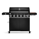 BURNHARD® Gasgrill 6-Brenner inkl. BACKBURNER, 900°C Infrarot-Keramikbrenner, Seitenkochfeld, Gusseisen-Grillrost, Grillabdeckung, Grillwagen, klappbare Seitentische, Schwarz – Fat FRED Deluxe