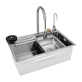 Küchenspüle Edelstahl 75 x 45cm Rechteckig Einbauspüle mit 4 Wassermodi Gebürstet Flachbecken Spülbecken für Küche Haushalt Silber