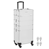 SONGMICS Kosmetikkoffer, Trolley, 4-in-1 Schminkkoffer, extra groß, Friseurkoffer, 35 x 25 x 79 cm, abschließbar, Make-up Koffer, 360° drehbare Rollen, für Reisen, Geschenkidee, silbern JHZ011E01