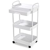 Zaxiva 3 Schicht Regal Rollwagen mit Schubladen, Multifunktionaler Servierwagen mit Rollen, Haken, Feststellbaren Rädern, Leicht zu Montierender Aufbewahrungswagen, Bad, Büro, Weiß Bücherwagen
