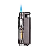 Tragbares Metallfeuerzeug, winddichtes Butanfeuerzeug mit blauer Flamme, transparente sichtbare Gaskammer, einstellbare Flamme nachfüllbar, geeignet for Grill, Kerzen, Outdoor, Camping, das beste Gesc
