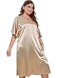 CGUOHU Nachthemd Für Frauen Plus Size Nachtwäsche-Kleider mit V-Ausschnitt for Damen, Pyjama, gerüscht, Kurze Ärmel, seitlich geteilt, Homewear, Damen-Loungewear Schlafshirt Damen(Champagne,3XL)