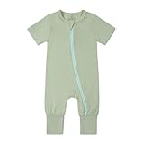 Baby-Spielanzug, Schlafanzug ohne Fuß, Reißverschluss, kurzärmelig, Overall (Light Green, 6-12 Months)