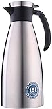 Emsa Soft Grip Isolierkanne, 1,5 Liter, Edelstahl, 12 Stunden heiß + 24 Stunden kalt, Auslaufsicher, Rutschfester Griff, Farbe Schwarz, 514499