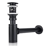 Design Siphon Ablaufgarnitur Set, Schwarz Syphon Sifon für Waschbecken & Waschtisch mit Überlauf, Flaschensiphon 1 1/4 x 32mm, Tauchroh höhenverstellbarr, inkl. Geruchverschluss Gummimanschette