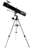 Celestron 21045 PowerSeeker 114EQ Spiegelteleskop - mit Zwei Okularen, Einer Barlow-Linse, höheneinstellbares Stativ und Luxus-Zubehörschale, Schwarz