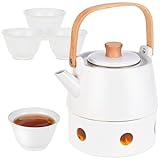 Herboom Teeservice Porzellan mit Stövchen, mit Sieb, 850ML Teeservice mit 4 Tassen für Losen Tee und 1 Teewärmer, Tee Tasse für Nachmittagstee, Heimdekoration, Restaurant, Teeparty (weiß)