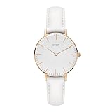 BUREI ultradünnes Armbanduhr, modisches und Schlichtes Armband, japanische Analog-Quarzkalendaruhr mit weichem Lederarmband, Damen-Geschenk (Weiß)