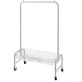 Robuster Rollkleiderständer mit Rollen, Metall-Kleiderständer und Aufbewahrungsbox für Schlafzimmer, Badezimmer, Wäsche – Kleidung (Silber)