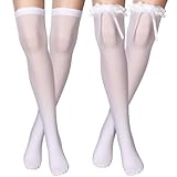 Boyiee 2 Paar Halterlose Strümpfe Weiße Oberschenkel Hohe Strümpfe Lange Kniestrümpfe für Damen(Einfach, Ru?schen)