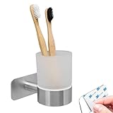 bremermann Bad-Serie Piazza Tape - Zahnputzbecher ohne Bohren, mit Klebepad - selbstklebend, Becherhalter, Zahnbürstenhalter, aus satiniertem Glas und Edelstahl, matt