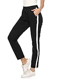 Aseniza Jogginghose Damen Sporthose Lang Baumwolle Trainingshose Freizeithose High Waist mit Streifen für Sport Yoga Gym Schwarz L