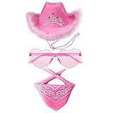 Cowboy Hut Pink Damen Herren Karneval Kostüm Kopfbeckung Faschingskostüme Filzhut, Flauschige Federkrempe Cowboyhüte mit Strass, Mütze für Herren Damen Halloween Karneval Cosplay Kostümparty