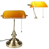 FIRVRE Amber Glas Banker Schreibtischlampe Vintage Classic American Tischleuchte Bronze Finish Basis E27 Kettenriemenschalter für Büro Bibliothek Studierzimmer Arbeitszimmer Schlafzimme