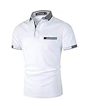 LIUPMWE Poloshirt Herren Kurzarm Baumwolle mit Brusttasche Polohemd Regular Fit Basic Streifen Tennis Golf T-Shirt,Weiß 1,XL