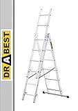 DRABEST - Home - Aluminium-Leiter - 3x6 Sprossen - Max. 2,97 m lang - Max. Arbeitshöhe 3,98 m - bis 150 kg - 3-teilig - Mehrzweck-, Steh-, Auszieh- Klappleiter - rutschfest - Verstellbar