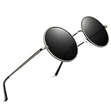 Sonnenbrille-Herren-Damen-Rund-Polarisiert Sonnenbrillen Runde Brille UV400 Schutz Retro Vintage Hippie Steampunk Sonnenbrille Unisex mit Metallrahmen Fahrerbrille (1-Grauer Rahmen/Schwarze Linsen)