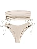 GORGLITTER Bandeau Bikini Damen Set Bikini High Waist Trägerlos Bikini Mit Kordelzug Bikini Set Einfarbig Zweiteiler Badeanzug Bademode Swimsuit Aprikosenfarben S