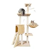 HHENGYISOUL Kratzbaum, 138 cm hoch, mit Katzenhaus und Hängematte, Katzen-Aktivitätszentrum, großer Katzenbaum für Indoor-Katzen, lustiger mehrstufiger Katzenbaum für Katzen, Gelb