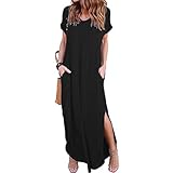 Damen Sommerkleid Lang Kurzarm V-Ausschnitt T-Shirt Kleid Elegant Casual Geteilt Schwarz Maxikleid Freizeitkleider Mode Abendkleid Damen Lang Dress