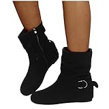 Binggong Warme Winterschuhe Damen Retro Halbhoch Stiefeletten Einfarbig Runde Spitze Flache Stiefel Kurzstiefel Winterboots Reißverschluss Schlupfstiefel Elegante Damenschuhe