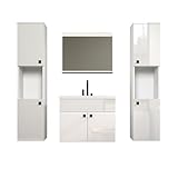 trendteam smart living - Haven - Badmöbel-Set - Weiß/Weiß Hochglanz lackiert - (BxHxT) 142 x 133 x 40 cm - Waschbeckenschrank hängend inklusive Keramik-Einsatzwaschbecken 2 Hochschränke 1 Spiegel