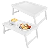 AHAQU Betttablett mit klappbaren Beinen, 41,5 x 30 x 20,5 cm, Bambus-Betttablett, Frühstückstablett, Snack-Tablett für Bett, Sofa, Mehrzweck-Knietablett zum Essen, Arbeiten, Servieren, Weiß, 2 Stück